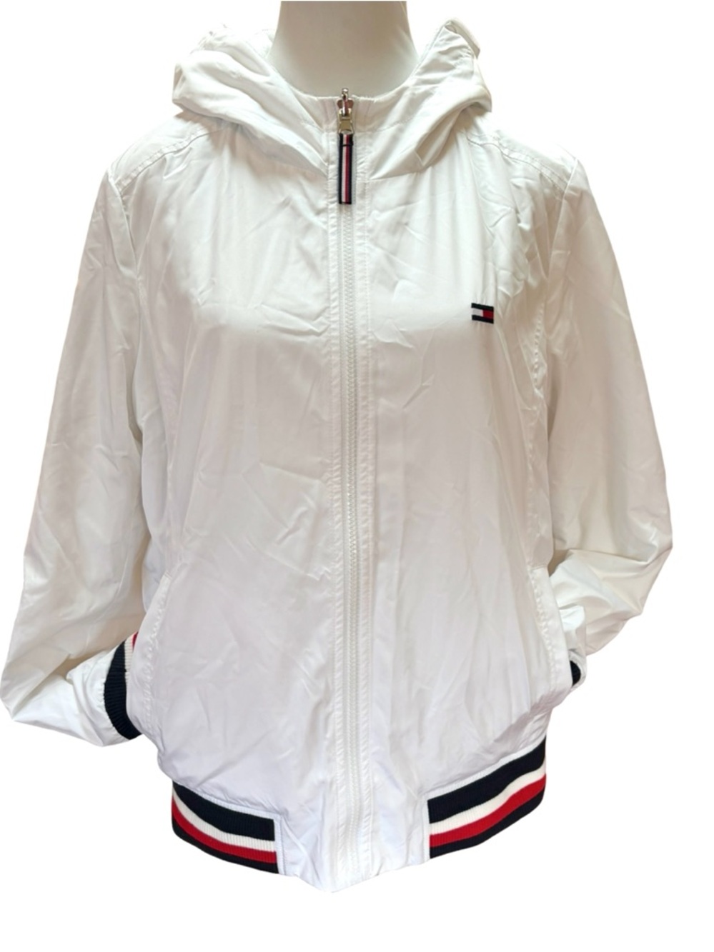 Tommy Hilfiger Reversible Jacket White Fleece & Nylon Hooded Zip Logo NWT Medium - Picture 3 of 9